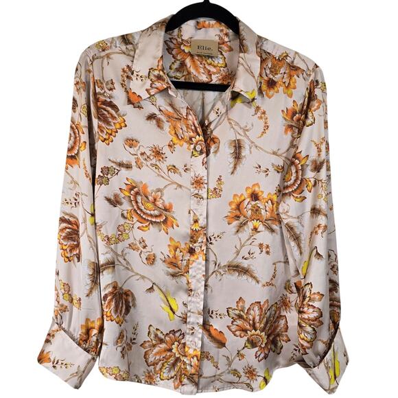 Elie Elie Tahari Blouse Women's L Brown Orange Floral Satin Career Feminine - Picture 1 of 9